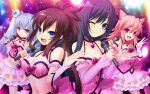  4girls alternate_hairstyle black_hair blue_eyes blue_hair breasts brown_hair choker concert detached_sleeves dress fishnets frilled_skirt frills hair_horns heart_pendant highres honda_tamanosuke kujou_kururi long_hair looking_at_viewer microphone multiple_girls nakauchi_chiyu one_eye_closed open_mouth pink_eyes pink_hair prismatic_princess_union_stars ruuchu_astram shirasagi_mayuri singing skirt smile third-party_source twintails yellow_eyes 