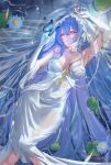  1girl absurdres animal_print arm_behind_head armpits azur_lane bare_shoulders blue_flower blue_hair blush breasts butterfly_print commentary_request covered_navel dress dustar812 elbow_gloves flower from_above gloves hair_between_eyes half-closed_eyes hand_up helena_(azur_lane) helena_(miracle_in_white)_(azur_lane) highres hip_focus light_smile long_hair looking_at_viewer lying medium_breasts on_back purple_eyes see-through_clothes see-through_dress sleeveless sleeveless_dress solo textless_version very_long_hair wedding_dress wet wet_clothes wet_dress wet_hair white_dress white_gloves 