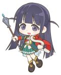  1girl :d ascot badge belt belt_buckle black_boots blue_gem blunt_bangs boots brown_belt buckle chibi chibi_only commentary_request dot_nose full_body fur-trimmed_jacket fur_trim gem gift_art green_jacket green_skirt hand_up holding holding_mace holding_weapon jacket jacket_on_shoulders korean_commentary lapels long_hair long_sleeves looking_ahead love_judgement_(mace) mace open_clothes open_jacket open_mouth outstretched_arm pleated_skirt purple_eyes purple_hair red_jacket red_sash sash second-party_source shirt shoujo_kageki_revue_starlight shoulder_sash sidelocks simple_background single_horizontal_stripe skirt smile solo standing standing_on_one_leg star_(symbol) striped_clothes striped_skirt tassel tsuyuzaki_mahiru two_side_up ungni_cm very_long_hair waist_cape weapon white_ascot white_background white_shirt yellow_trim 