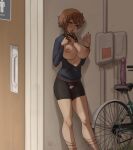  1girl amane_suzuha bicycle bike_shorts braid breasts breasts_out brown_hair censored cleavage commission dildo english_commentary fellatio_gesture ground_vehicle highres jacket karmaniac large_breasts legs looking_at_viewer mosaic_censoring nipples no_bra sex_toy sideboob socks solo steins;gate tongue tongue_out torn_bike_shorts torn_clothes track_jacket twin_braids 