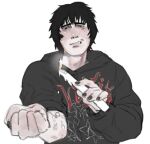  1boy black_hair black_hoodie blush burn_scar candle flustered foreshortening holding holding_candle hood hood_down hoodie looking_at_viewer male_focus nikolas_randl outstretched_arm print_hoodie pyromaniac qff_44 scar self-harm short_hair sleeves_rolled_up solo wax_play 