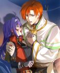  1boy 1girl ahoge arm_belt belt belt_collar blood blood_on_face blush breasts clothes_pin clothesline collar commission commissioner_upload fire_emblem fire_emblem:_path_of_radiance fire_emblem:_radiant_dawn gold_trim green_eyes green_trim hair_between_eyes hairband headband highres holding_hands injury kohamustoto laundry long_hair looking_at_another medium_breasts mia_(fire_emblem) night orange_eyes orange_hair outdoors popped_collar purple_hair rhys_(fire_emblem) robe short_hair star_(sky) sweat sweatdrop third-party_source white_hairband white_headband white_robe worried wrist_belt 