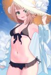  1girl bikini black_bikini blonde_hair blue_jacket breasts commentary green_eyes hat highres indie_virtual_youtuber jacket medium_hair navel o-sg open_mouth shigure_ui_(vtuber) small_breasts smile solo stomach straw_hat swimsuit unfinished virtual_youtuber 