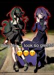  2girls akiha_school_uniform bang_dream! bang_dream!_yumemita black_shirt black_sky black_socks bob_cut chinese_commentary commentary_request emoji english_text face_in_shadow fuji_miyako fuji_miyako_(real) full_body green_hair hair_bun hair_ornament hands_up highres loafers long_hair long_sleeves meishangjia_buyi meme mole mole_under_mouth multiple_girls night one_side_up open_mouth outdoors own_hands_together photo_background pleated_skirt purple_eyes purple_hair red_eyes school_uniform shirt shoes short_hair sidewalk single_side_bun skirt sky snake socks viola_(bang_dream!) why_dis_ninja_look_so_mad_(meme) x_hair_ornament 