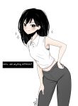  1girl alternate_hairstyle black_hair blush closed_mouth collared_shirt english_commentary english_text grey_pants half-closed_eyes hand_on_own_hip highres jayfonzil leaning_forward looking_at_viewer mari_(faraway)_(omori) mari_(omori) omori pants shirt simple_background sleeveless sleeveless_shirt smile solo sparkle white_background white_shirt 
