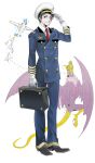  1boy adachi_tohru alternate_costume black_eyes black_hair blue_jacket blue_pants collared_shirt colored77 commentary_request demon_(megami_tensei) full_body gloves hat highres holding holding_suitcase jacket jatayu_(megami_tensei) looking_at_viewer male_focus necktie pants paper_airplane peaked_cap persona persona_4 pilot pilot_uniform red_necktie shirt smile suitcase transparent_background white_gloves 