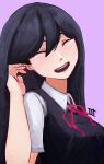  1girl black_hair closed_eyes collared_shirt commentary english_commentary hand_up highres kazuki0052420 long_hair mari_(omori) neck_ribbon omori open_mouth red_ribbon ribbon school_uniform shirt smile solo 