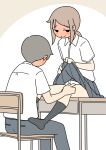  1boy 1girl black_socks blush brown_background brown_hair chair closed_mouth clothes_lift collared_shirt commentary_request desk dress_shirt full-face_blush grey_hair grey_pants grey_skirt juukyuu lifting_own_clothes long_hair no_shoes on_chair on_desk original pants pleated_skirt ponytail school_uniform shirt short_sleeves sitting skirt skirt_lift smile socks solid_circle_eyes two-tone_background white_background white_shirt 