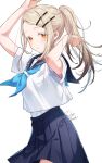  1girl absurdres arms_up blonde_hair blue_neckerchief blue_sailor_collar blue_skirt brown_hair closed_mouth colored_eyelashes commentary cowboy_shot gakuen_idolmaster gradient_hair hair_ornament hairclip hand_in_own_hair highres idolmaster light_blush looking_at_viewer multicolored_hair neckerchief orange_eyes parallel_hairclips pleated_skirt ponytail sailor_collar school_uniform serafuku shinishi_chiho shinosawa_hiro shirt signature simple_background skirt solo summer white_background white_shirt 