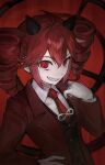  1girl @_@ absurdres ahoge black_horns black_vest collared_shirt commentary double-parted_bangs drill_hair evil_grin evil_smile gloves grin hair_between_eyes hand_on_own_hip highres horns infinity_symbol jacket kasane_teto lapels long_sleeves looking_at_viewer medium_hair necktie notched_lapels open_clothes open_jacket oru_goru red_background red_eyes red_hair red_jacket red_necktie sharp_teeth shirt shokei_hakushu_(synthesizer_v) sidelocks small_horns smile solo teeth twin_drills untranslatable_commentary upper_body utau vest white_gloves white_shirt 
