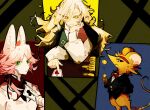  1girl 2boys ace_(playing_card) ace_of_clubs ace_of_spades aislan animal_ears black_jacket blonde_hair bow bowtie card cat_boy cat_ears club_(shape) commentary deltarune english_commentary flowery_(deltarune) furry furry_male genderswap genderswap_(ftm) genderswap_(mtf) green_eyes head_on_hand headband holding holding_card jacket jacket_on_shoulders long_hair long_sleeves mad_mew_mew mouse_boy multiple_boys orange_(deltarune) pink_hair playing_card puffy_long_sleeves puffy_sleeves red_bow red_bowtie red_headband spade_(shape) suit_jacket sunglasses utdr_(toby_fox) white_jacket yellow_eyes 
