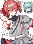  2girls ? aqua_eyes aqua_hair aqua_necktie bare_shoulders blush coat collared_shirt commentary_request drill_hair flying_sweatdrops grey_coat grey_shirt grey_skirt hair_ribbon hand_on_own_hip hatsune_miku highres hinomarou kasane_teto kasane_teto_(sv) long_hair multicolored_hair multiple_girls necktie pointing pointing_at_viewer red_eyes red_hair ribbon shirt skirt sleeveless sleeveless_shirt smile spoken_question_mark streaked_hair synthesizer_v twin_drills twintails utau vocaloid white_ribbon white_streaks 