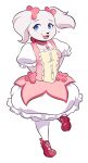  2022 absurd_res anthro blue_eyes bow_ribbon button_dress canid canine canis clothed clothing colored digital_media_(artwork) domestic_dog dress english_text fay_spaniel female footwear fur hi_res madoka_kaname magical_girl_outfit mahou_shoujo_madoka_magica mammal missmccloud nintendo open_mouth pink_clothing pink_dress pink_theme puella_magi shaded shoes smile solo star_fox text video_games white_body white_clothing white_dress white_fur 