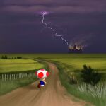  1boy absurdres blue_shirt brown_shoes castle cloud cloudy_sky commentary english_commentary field fire from_behind grass highres lightning male_focus mario_(series) noubodying outdoors pants path plant running shirt shoes sky solo storm toad_(mario) white_pants 