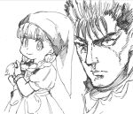  1boy 1girl berserk bow bracelet braid closed_mouth commentary_request cowboy_shot dragon_quest dragon_quest_xi dress dress_bow eyelashes greyscale guts_(berserk) hand_up jewelry jun_(navigavi) lips looking_at_viewer looking_to_the_side monochrome nose phrygian_cap portrait puffy_short_sleeves puffy_sleeves scar scar_across_eye scar_on_face short_sleeves simple_background sketch smile twin_braids veronica_(dq11) white_background 