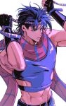  1boy abs adjusting_clothes battle_tendency belt bestcondition14 black_belt blue_eyes blue_hair commentary_request crop_top crying fingerless_gloves from_above frown gloves headband highres invisible_chair jojo_no_kimyou_na_bouken joseph_joestar joseph_joestar_(young) korean_commentary male_focus navel profile purple_headband scarf serious sitting solo striped_clothes striped_scarf tears toned toned_male upper_body 