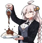  1girl ahoge black_cross_tie black_jacket blunt_bangs braid closed_eyes closed_mouth collared_shirt commentary_request cross_tie curry curry_rice datemegane food gravy_boat grey_hair grey_vest hair_ornament highres holding holding_plate jacket kizuna_akari long_hair open_clothes open_jacket plate rice shirt sidelocks simple_background smile solo stained_clothes upper_body vest vocaloid voiceroid white_background white_shirt 