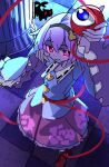  1girl black_cat black_hairband blue_shirt buttons cat checkered_floor closed_mouth collared_shirt commentary_request disembodied_linked_eye e.o. eyeball floral_print frilled_shirt_collar frilled_sleeves frills hair_ornament hairband heart heart_button heart_hair_ornament highres kaenbyou_rin kaenbyou_rin_(cat) komeiji_satori long_sleeves multiple_tails pink_eyes pink_hair pink_skirt print_skirt ribbon-trimmed_collar ribbon_trim rose_print shirt skirt smile smug tail touhou two_tails wide_sleeves 