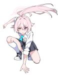  1girl black_shoes black_skirt blue_archive blue_eyes blue_necktie commentary_request dress_shirt dynamic_pose floating_hair halo hand_on_floor hetero highres hoshino_(blue_archive) id_card invisible_floor kneehighs korean_commentary long_hair miniskirt necktie orange_eyes pink_hair pink_halo pleated_skirt ponytail serious shirt shoes simple_background skirt sleeves_rolled_up sneakers socks solo squatting white_background white_shirt white_socks zhugul0804 