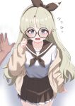  1girl absurdres blonde_hair blush bow_hairband brown_cardigan brown_hairband brown_neckerchief brown_sailor_collar brown_skirt cardigan collarbone commentary_request flying_sweatdrops glasses grey_eyes hairband highres kabedon korean_commentary long_hair looking_at_viewer neckerchief oldsickkim open_mouth original pov pov_hands round_eyewear sailor_collar school_uniform serafuku shirt simple_background skirt sweat white_shirt 