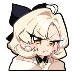  1girl :t ahoge animated animated_gif astrae_oratio asymmetrical_bangs black_ribbon blonde_hair blush brown_eyes earrings flower_hairclip gold_necklace hair_intakes hair_ribbon jewelry keikou_mayoi kokumosu looking_at_viewer lowres medium_hair mole mole_on_forehead nail_polish necklace official_art pearl_earrings pink_nails pout ribbon second-party_source sidelocks simple_background solo white_background 