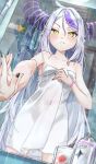  1girl :< absurdres ahoge black_horns breasts closed_mouth commentary_request demon_horns fang grey_hair highres hololive horns indoors la+_darknesss long_hair multicolored_hair naked_towel pointy_ears pov pov_hands purple_streaks reflection reflection_focus shago_daruma single_hair_streak slit_pupils small_breasts solo standing streaked_hair striped_horns swept_bangs tail towel very_long_hair virtual_youtuber wet yellow_eyes 