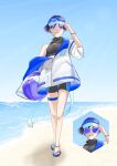  1boy adjusting_clothes adjusting_headwear ankleband arm_at_side asymmetrical_sleeves ball beach beachball bespectacled black_shirt black_swim_trunks blue-tinted_eyewear blue_hat blue_sandals blue_sky blunt_ends bracelet bright_pupils clear_sky closed_mouth colored_inner_hair commentary_request covered_collarbone cropped_shirt cut-in eyeliner eyewear_on_headwear full_body genshin_impact glasses gold_necklace gold_pendant grin hand_up hat highres holding holding_ball holding_beachball jacket jewelry leu_135 looking_at_viewer makeup male_focus mismatched_sleeves multicolored_hair necklace outdoors purple_eyes purple_hair red_eyeliner sandals scaramouche_(genshin_impact) shirt shore single_bare_shoulder single_off_shoulder skin_tight sky sleeves_past_wrists smile solo split_mouth standing thigh_strap three-quarter_sleeves tinted_eyewear toenails toes tsurime turtleneck turtleneck_shirt visor_cap wanderer_(genshin_impact) white_jacket white_pupils wispy_bangs yellow-framed_eyewear 