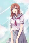 1girl blue_sailor_collar blue_skirt blue_sky blush brown_hair cloud commentary commission contrail day english_commentary eyelashes hanamei highres kunikida_hanamaru long_hair love_live! love_live!_sunshine!! necktie open_mouth red_necktie sailor_collar school_uniform shirt short_sleeves skirt sky smile solo teeth tie_clip upper_teeth_only uranohoshi_school_uniform white_shirt yellow_eyes 
