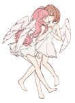  2girls angel_wings bare_legs bare_shoulders barefoot blush brown_hair chemise closed_eyes collarbone commentary highres holding_hands interlocked_fingers kagari_mimi kimi_ga_shinu_made_koi_wo_shitai kiss long_hair medium_hair multiple_girls nightgown pink_hair simple_background totsuki_shiina untranslatable_commentary white_background white_wings wings yhngw915022 yuri 