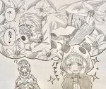  2girls :d ? ahoge ange_katrina ange_katrina_(1st_costume) ange_katrina_(casual) animal_hood belt blush_stickers bow bowtie commentary_request crossed_bangs eye_contact face-to-face fang flower graphite_(medium) hair_between_eyes hair_intakes hair_ornament hairclip hands_on_own_cheeks hands_on_own_face hands_up held_down highres hood hood_up imagining interlocked_fingers lily_(flower) long_bangs looking_at_another lying medium_hair mole mole_under_eye monochrome multiple_girls nijisanji noharano off_shoulder on_back open_mouth own_hands_together panda_hood pants paper_texture restrained sasaki_saku sasaki_saku_(1st_costume) sepia shirt_tucked_in smile sparkle speech_bubble spot_color straddling thought_bubble traditional_media translation_request virtual_youtuber yuri 