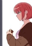  1girl brown_cardigan cardigan commentary_request cup highres holding holding_cup k19664663k kamiina_botan_yoeru_sugata_wa_yuri_no_hana parted_lips pink_shirt profile purple_eyes red_hair shirt short_hair simple_background solo upper_body white_background yourou_utsugi 