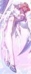  1girl absurdres arm_up armpits bare_shoulders breasts chinese_commentary cleavage commentary_request detached_sleeves dress falling_feathers feathered_wings feathers from_below full_body hair_intakes hair_ornament high_heels highres holding holding_sword holding_weapon large_breasts leg_focus long_sleeves looking_at_viewer looking_down low_wings mechanical_wings medium_hair multiple_wings open_mouth pink_eyes pink_hair pointy_ears remielle_dan smile solo star_(symbol) star_hair_ornament striped_sleeves sword thighhighs weapon white_dress white_feathers white_sleeves white_thighhighs white_wings wings yahaha zenless_zone_zero 