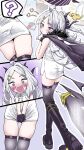  1girl ? @_@ ahoge alarm_clock bird black_halo black_horns blue_archive blush boots bottomless breasts clock coat commentary demon_girl demon_horns demon_wings embarrassed gehenna_academy_logo gloves hair_ornament hairclip half_gloves halo highres hina_(blue_archive) horns long_hair looking_at_viewer low_wings multiple_horns multiple_views naked_shirt open_mouth parallel_hairclips parted_bangs purple_eyes purple_halo purple_wings shirt shirubaa skindentation sleeveless sleeveless_shirt small_breasts solo spoken_question_mark thighhighs thighs unworn_coat very_long_hair white_hair white_shirt wings 