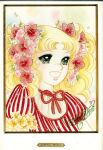  1970s_(style) 1girl :d artist_name blonde_hair blue_flower border candice_white_ardlay candy_candy_(series) flower green_eyes hair_flower hair_ornament hibiscus highres igarashi_yumiko medium_hair neck_ribbon official_art open_mouth painting_(medium) pink_flower puffy_short_sleeves puffy_sleeves red_flower red_ribbon red_shirt retro_artstyle ribbon shirt short_sleeves signature smile solo sparkle sparkling_eyes striped_clothes striped_shirt third-party_source traditional_media twintails upper_body vertical-striped_clothes vertical-striped_shirt white_border 