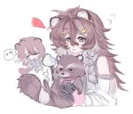  ! 1girl ahoge animal animal_ear_fluff animal_ears animalization arknights black_gloves blackcrow brown_hair chibi chibi_inset chinese_commentary closed_eyes commentary_request flying_sweatdrops gloves hair_between_eyes highres holding holding_animal long_hair person_and_animalization raccoon raccoon_ears raccoon_girl simple_background spoken_expression timeslot_(arknights) white_background 