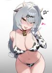  1girl absurdres ahoge alternate_costume animal_ears animal_print bell breasts cleavage commentary_request cow_ears cow_horns cow_print cow_print_gloves cowbell elbow_gloves fake_animal_ears fake_horns fellatio_gesture gloves grey_background grey_hair heart highres horns large_breasts long_hair looking_at_viewer navel print_gloves puleudingding simple_background single_hair_intake solo stomach swimsuit thighs very_long_hair yellow_eyes yixuan_(zenless_zone_zero) zenless_zone_zero 