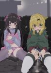  2girls akatsuki_kirika bar_censor black_boots black_hair blonde_hair blue_shirt blue_shorts blush boots censored clothing_aside commentary_request commission full_body green_eyes green_hoodie highres hood hood_down hoodie kneeling koma_kitsune_(kururito) long_hair medium_hair multiple_girls open_mouth panties panties_aside pee pee_puddle peeing peeing_self purple_eyes purple_panties purple_thighhighs pussy senki_zesshou_symphogear shirt shorts shorts_aside sitting skeb_commission striped_clothes striped_panties thighhighs tsukuyomi_shirabe twintails underwear 