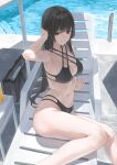  1girl absurdres arm_support arm_up bag bare_arms bare_legs bare_shoulders bikini black_bikini black_hair blunt_bangs blunt_ends breasts chair cleavage closed_mouth collarbone commentary criss-cross_halter criss-cross_straps cup day drinking_glass groin hair_intakes halterneck hand_in_own_hair highres juice large_breasts legs long_hair looking_at_viewer lounge_chair navel original outdoors pool pool_ladder red_eyes rissenka sidelocks sitting smile solo stomach sunlight swimsuit table thighs umbrella untranslatable_commentary very_long_hair water 