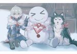 >_< 1boy 53t_ks ahoge alyosha_(genshin_impact) animal animal_ear_fluff animal_ears animal_nose black_boots black_fur black_gloves black_shirt blue_eyes blue_jacket blue_pants blush_stickers boots border cape closed_mouth day dog dog_ears dog_tail earmuffs fur-trimmed_boots fur-trimmed_cape fur_trim genshin_impact gloves green_hair hair_between_eyes hand_on_own_knee hand_up highres hood hooded_cape husky jacket long_sleeves looking_at_viewer on_one_knee outdoors pants pet shirt short_hair smile snow snowing snowman tail turtleneck turtleneck_shirt two-tone_fur v white_border white_cape white_fur winter yellow_eyes 