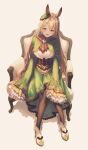  1girl absurdres animal_ears ascot black_thighhighs blush breasts brown_ascot brown_corset brown_eyes brown_hair chair commentary_request corset double-parted_bangs dress ear_ornament frills green_jacket hair_between_eyes high-low_skirt highres horse_ears horse_girl jacket long_hair long_sleeves looking_at_viewer multicolored_hair nao_toyooooo on_chair open_mouth satono_diamond_(natural_brilliance)_(umamusume) satono_diamond_(umamusume) shoes sitting sleeves_past_fingers sleeves_past_wrists smile solo streaked_hair thighhighs umamusume very_long_hair white_shoes 