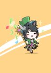  1girl absurdres ahoge animal_ears ascot black_gloves black_hair black_pantyhose black_shorts blush chibi chokueji commentary_request fuji_kiseki_(umamusume) gloves green_jacket hat highres holding holding_staff horse_ears horse_girl horse_tail jacket long_sleeves looking_at_viewer multicolored_hair one_eye_closed open_mouth pantyhose purple_vest short_hair shorts smile solo staff tail umamusume vest white_ascot 