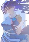  1girl armor blue_dress blue_hat breasts commentary_request dress frilled_dress frills hat highres iizunamaru_megumu kazemachi_rain large_breasts long_hair looking_at_viewer open_mouth pauldrons pointy_ears reaching reaching_towards_viewer red_eyes ribbon-trimmed_dress ribbon_trim shoulder_armor shoulder_guard single_pauldron smile solo tokin_hat touhou twitter_username 