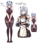 2girls ahoge bangs black_bodysuit blue_hair blush bodysuit bridal_gauntlets commentary_request covering covering_crotch detached_sleeves dulldull embarrassed english_commentary english_text full-face_blush full_body genshin_impact grey_eyes grey_hair hair_between_eyes hair_ornament hair_over_one_eye highres horns long_hair long_sleeves looking_at_another multiple_girls sidelocks white_background 