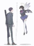  1boy 1girl angel_wings arms_behind_back bandaged_hand bandages black_hair black_jacket black_pants blazer blue_eyes blue_skirt bow bowtie breasts brown_shoes commentary crossed_legs floating floating_hair hair_ornament hairclip halo highres jacket kenmochi_touya kenmochi_touya_(1st_costume) long_hair long_sleeves looking_at_another nijisanji pants pleated_skirt purple_hair red_bow red_bowtie school_uniform shoes short_hair sinani skirt smile source_quote standing thighhighs translated tsukino_mito tsukino_mito_(1st_costume) twitter_username virtual_youtuber weapon_bag white_background white_thighhighs wings 