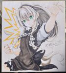  1girl :o ^^^ absurdres ahoge apron arm_up back_bow black_apron black_bow blush bow bowtie bright_pupils checkered_bow checkered_bowtie checkered_clothes checkered_skirt clenched_hand collared_shirt comiket_108 commentary_request cowboy_shot dated_commentary dutch_angle fighting_stance floating_hair frilled_apron frilled_skirt frills green_eyes grey_hair hair_between_eyes haiyore!_nyaruko-san highres huge_ahoge long_hair looking_at_viewer miniskirt nyarlathotep_(nyaruko-san) open_mouth outstretched_hand oyatu315 photo_(medium) puffy_short_sleeves puffy_sleeves shikishi shirt short_sleeves sidelocks simple_background skirt solo traditional_media twitter_username v-shaped_eyebrows very_long_hair white_background white_pupils white_shirt 