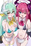 apron bare_shoulders bikini black_bikini blue_eyes blush bow bowtie breasts cleavage commentary curled_horns detached_collar detached_sleeves dragon_girl dragon_horns dragon_tail elizabeth_bathory_(fate) elizabeth_bathory_(fate/extra) fate/grand_order fate_(series) green_bikini green_hair hair_ribbon highres horns kiyohime_(fate) long_hair looking_at_viewer maid_headdress medium_breasts navel notonaon one_eye_closed open_mouth pink_hair pointy_ears ribbon small_breasts smile swimsuit tail thighhighs thighs two_side_up untranslatable_commentary waist_apron white_thighhighs yellow_eyes 