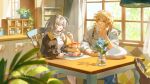 1boy 1girl absurdres arm_rest blonde_hair braid chair chef_hat commission commissioner_upload curtains eating ema3 flower food gradient_hair hat highres honkai:_star_rail honkai_(series) indoors jacket looking_at_another multicolored_hair mydei_(delicacies)_(honkai:_star_rail) mydei_(honkai:_star_rail) official_alternate_costume on_chair pancake pancake_stack plant second-party_source single_braid souffle_pancake stelle_(honkai:_star_rail) stelle_(world_tour_2023)_(honkai:_star_rail) syrup table tattoo trailblazer_(honkai:_star_rail) vase window 