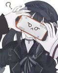  2girls :< ? absurdres asymmetrical_sleeves black_choker black_coat black_dress black_hair black_hat black_nails black_ribbon cellphone choker coat collared_dress dress goggles goggles_on_headwear hair_ornament hat highres holding holding_phone kurobe_nanoka long_hair long_sleeves looking_at_viewer mahou_shoujo_no_majo_saiban multiple_girls nail_polish neck_ribbon nininicho orange_nails phone plaid_clothes plaid_dress pov pov_hands ribbon sawatari_coco simple_background smartphone solo_focus twintails upper_body white_background 