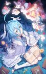  1girl :o absurdres ahoge bird blue_dress blue_eyes blue_hair blue_hairband book book_on_lap candy chibi chibi_inset chinese_commentary coat commentary_request dress duet_night_abyss fina_(duet_night_abyss) food from_above full_body grass hair_between_eyes hairband head_wings highres house_of_candy lollipop long_hair looking_to_the_side no_shoes on_ground open_book short_dress sitting socks solo swirl_lollipop tian_yanyan toeless_socks very_long_hair wariza white_bird white_coat white_socks wings 