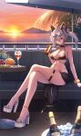  1girl absurdres alternate_costume alternate_hairstyle bikini black_bikini black_horns black_nails black_sarong black_tail blurry blurry_background breasts can cleavage closed_mouth commentary crossed_legs cs_(connectedskyy) cup curled_horns demon_tail drink_can drinking_glass evening eyewear_on_head food fruit grey_hair hair_between_eyes halterneck high_heel_sandals high_heels highres holding holding_can horns large_breasts looking_at_viewer nail_polish navel ocean orange_sky ponytail red_eyes sandals sarong sitting sky smile solo stomach string_bikini sunglasses sunset swimsuit tail thigh_strap toenail_polish toenails triangle_bikini_top white_sandals wuthering_waves zani_(wuthering_waves) 